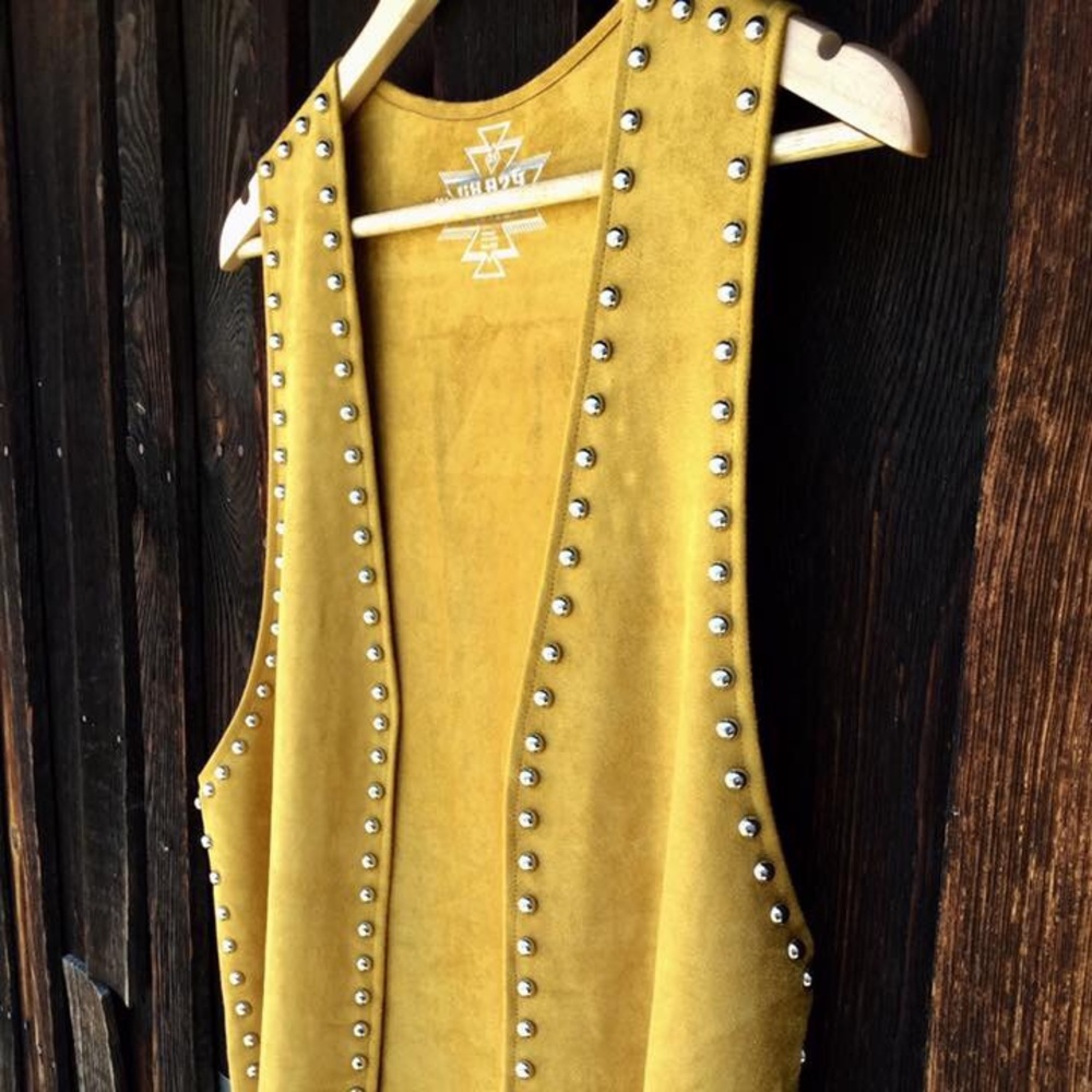 OS mustard fringe studded duster vest